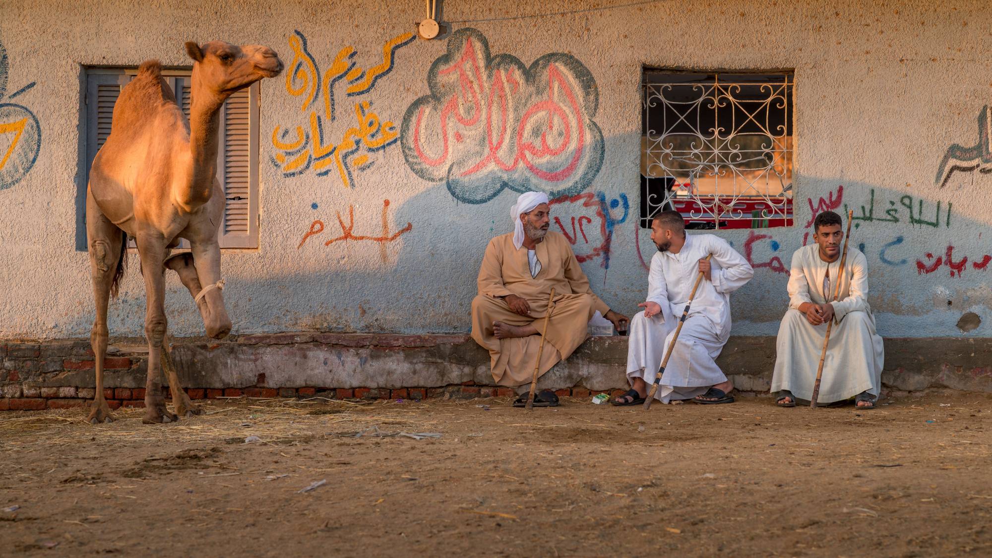 Three men talking by a painted wall in an Egyptian village, with a camel nearby